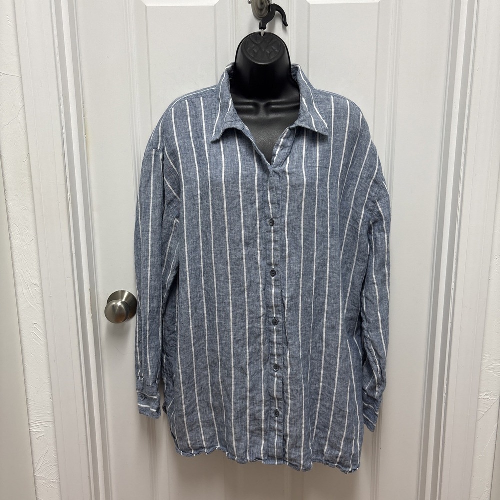 Haven Well Within Blue & White Linen Stripe Shirtdress Coverup Modest - XL